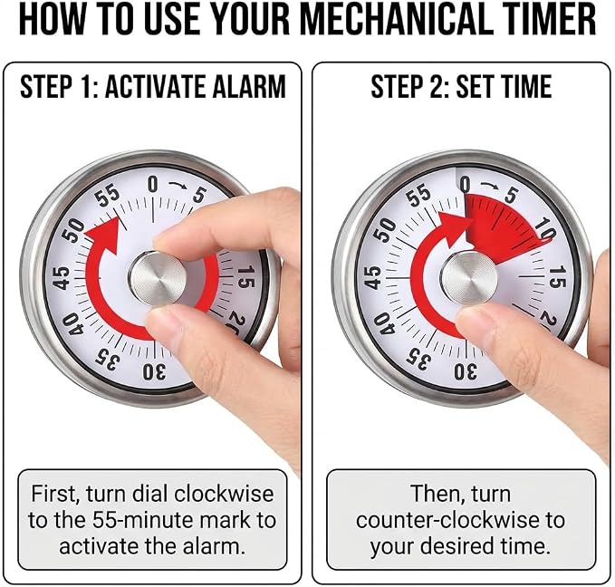 Magnetic Kitchen Timer, 60-Minute Mechanical Visual Countdown Timer, Loud Alarm & No Batteries Needed, Stainless Steel Timer for Cooking, Kids, Classroom, and Study