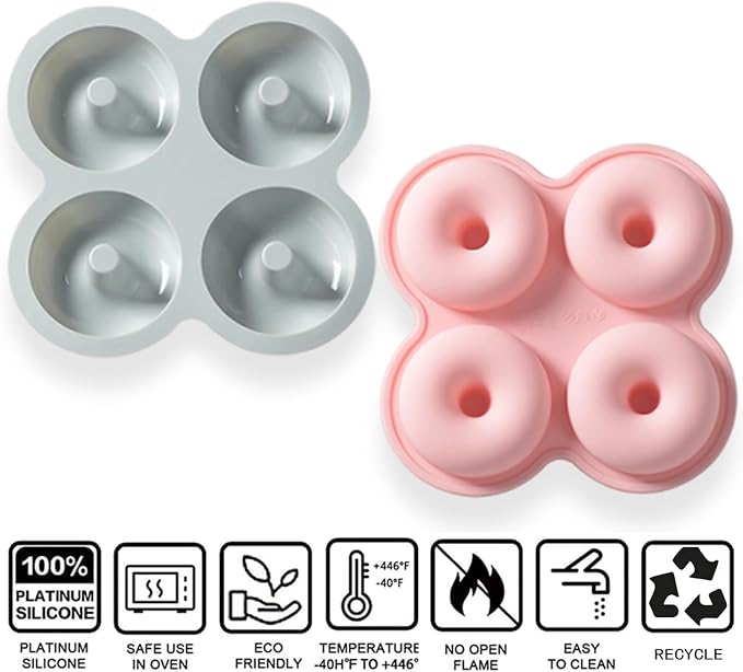 Silicone Donut Molds, Donut Pan Silicone Baking Molds, 4 Cavity Non-Stick Doughnut Pan, Make Perfect Donut Cake Biscuit Bagels Muffin, Heat Resistant and Microwave Safe(Set of 2)