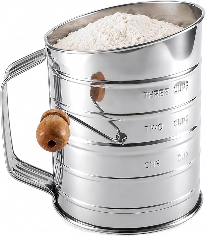 Stainless Steel 3 Cups Flour Sifter for baking | Rotary Hand Crank Powdered sugar shaker and flour duster|