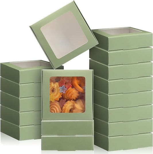 Zonon 60 Pcs Kraft Paper Boxes with Window 4.13 x 4.13 x 1.18 Inch Candy Packaging, Small Gift Boxes, Soap holder, Mini Treat Packaging for Bakery Chocolate Jewelry Display (Sage Green)