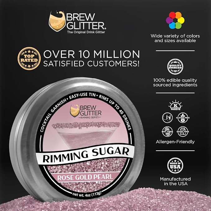 Brew Glitter - Rose Gold Rimming Sugar (4oz, 1x Bar Tin) Cocktail Garnish for Mixed Drinks & Refreshments
