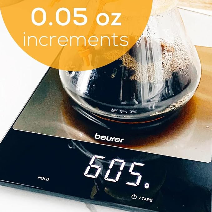 Beurer KS34 Digital Kitchen Scale - Precise Scale for Food Ounces and Grams, 33lbs Capacity, XL Weighing Platform for Meal Prep, Magic Display, Tare Function - Batteries Included - Black Glass