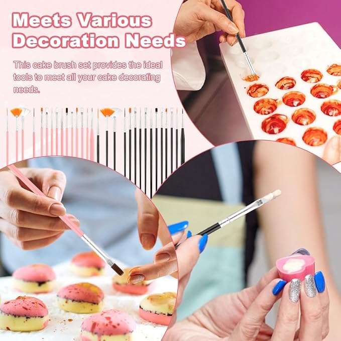 30Pcs Cake Decorating Brushes,Food Safe Cookie Paint Brushes Kit,with 3pcs Cake Carving Tools,Multi Function Fondant Cookie Icing Pastry Brush,DIY Painting Tool for Baking Craft