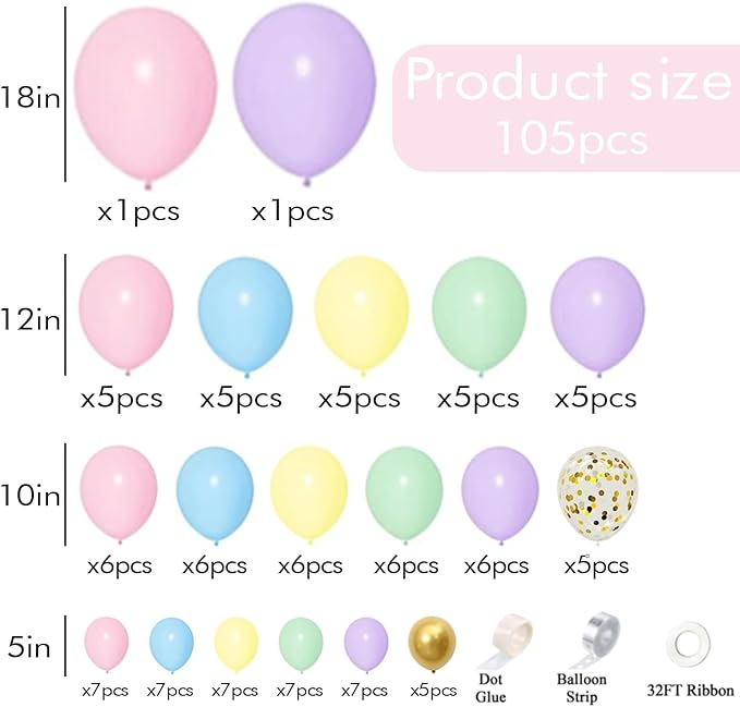 105pcs Pastel Balloons Arch Garland Kit 5" 10" 12" 18 inch Macaron Color Pastel Balloon Different Sizes and Gold Confetti Balloon Set for Easter Wedding Birthday Baby Shower Party Decorations