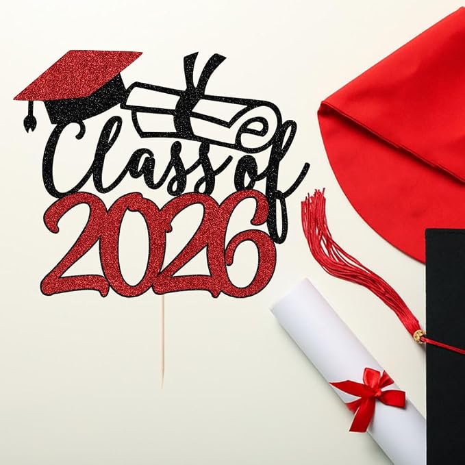 Gold Class of 2026 Congrats Grad Cake Topper Glitter Graduation Party Supplies - High School College Graduates -College Graduate Cake Topper Decorations (Class of 2026 Black red)