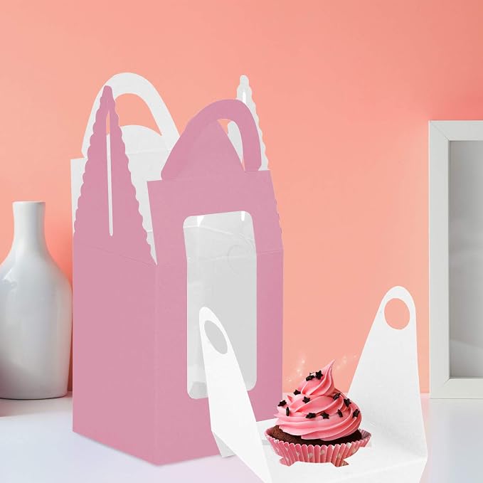 Pink Cupcake Boxes, 30 Pack - Clear Window Inserts, Handle - Muffin & Pastry Containers