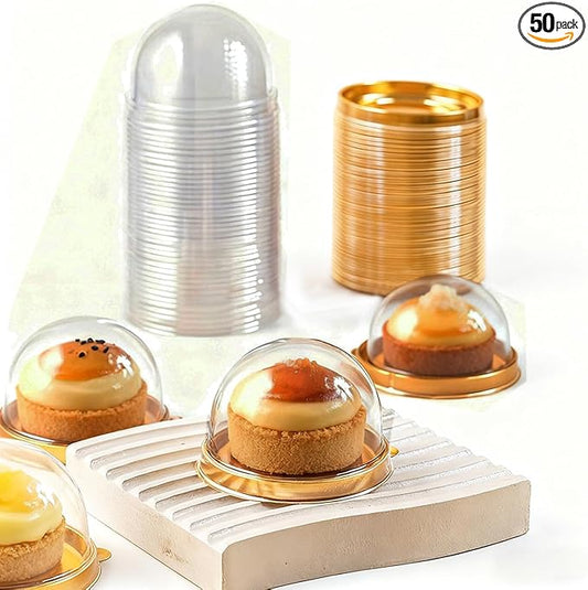 Clear Plastic Mini Cake Box, Round Cupcake Holders Plastic Egg-Yolk Puff Container Mooncake Dome Boxes Baking Packing Box (Gold, 3.1 inch,50 Set)