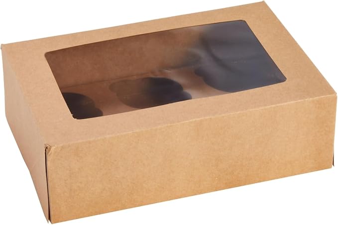 Juvale Cupcake Boxes - Clear Window Display - Easy Assembly for Muffin Packaging - Food Grade Cupcake Containers - Pack of 24, 6-Count, Brown Paperboard, 9.4 x 6.2 x 2.9 in