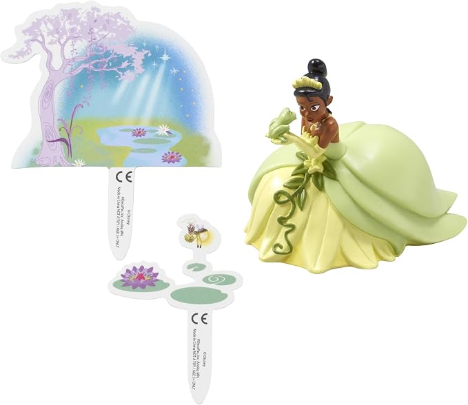 DecoSet® Disney Princess Tiana Cake Topper, 3-Piece Cake Decoration With Tiana And Frog Figurine, Water Lily Pic, And Background Scenery Pic