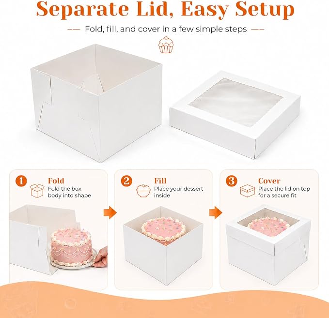 NPLUX Cake Boxes 12 Inch, 15 Pack 12x12x8 Cake Box with Window, White Cake Boxes with Separate Lid for Cakes, Pastries, Cookies, Bakery Orders and Gifting, Graduation Gifts Party Favors