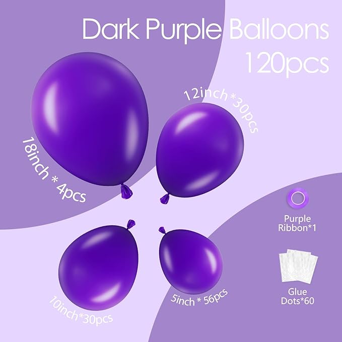 120pcs Dark Purple Balloons, 18 12 10 5 inch Purple Balloons Different Sizes Balloon Arch Kit for Graduation Birthday Wedding Baby Shower Party Decorations