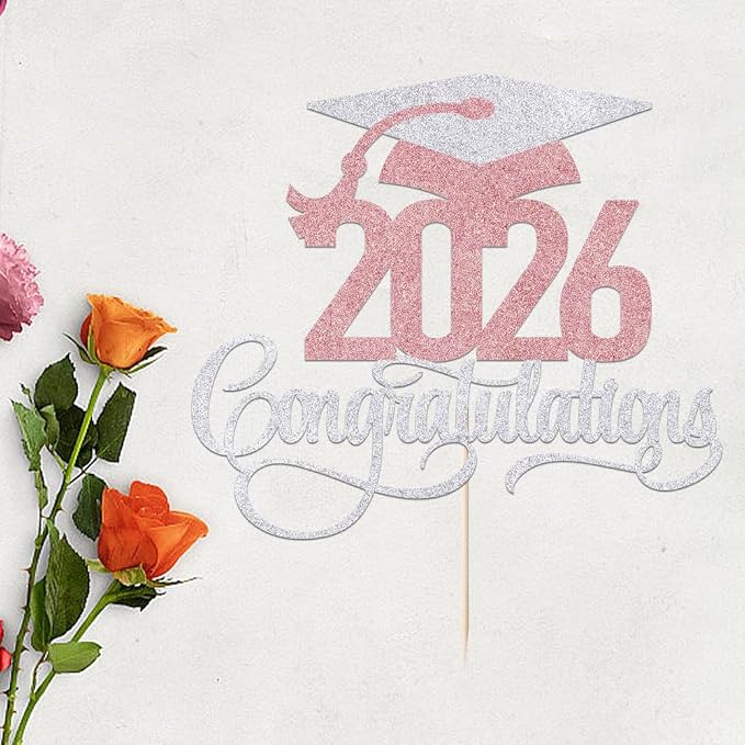 Silver Rose Gold 2026 Congratulations Graduation Cake Topper,Congrats Grad Cake Decor - 2026 High School/College/Senior Graduation Party Decorations Supplies