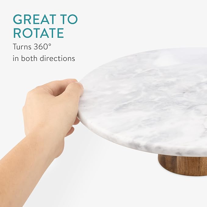 Navaris Marble Cake Stand - 11 3/4" Diameter Pedestal Spinner with Marble Plate and Wood Base - Round Turntable for Serving Desserts, Wedding Cakes