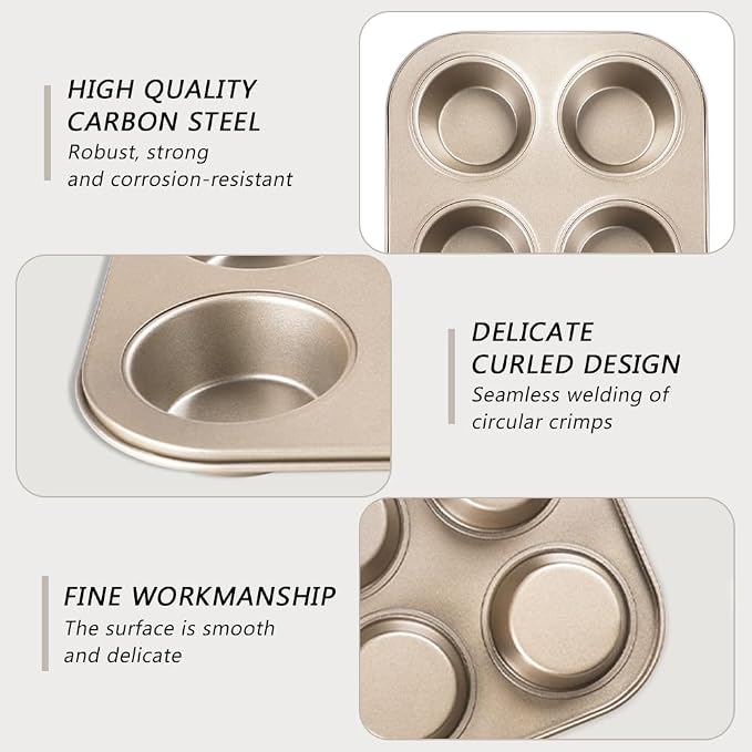 4-Hole Muffin Pan, Bakeware Non-stick Cupcake Baking Pan Mini Pie Pans, Heavy Duty Carbon Steel Muffin Tray Standard Baking Mold Pan for Oven Bakings (COLOR:Gold, 1pc)