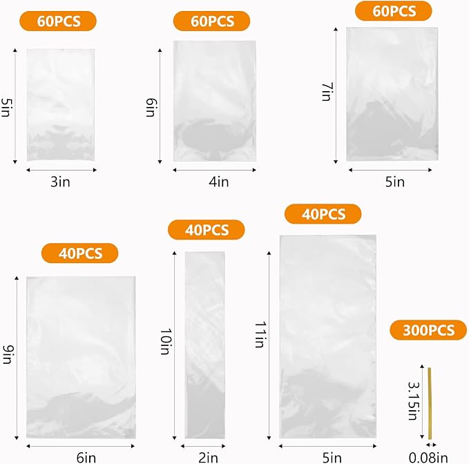 300 PCS Clear Flat Cellophane Treat Bags with 3x5",4x6",5x7",6x9",2x10",5x11",Treat Bags with Ties are Good for Pretzel Rods,Bakery, Cookies, Candies,Dessert.
