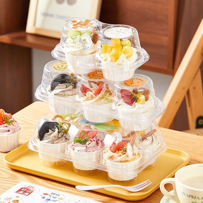 Clear Cupcake Containers with 3 Compartment Disposable Plastic Cupcake Carrier Holder Box- BPA-Free Keep Your Cupcakes (10)