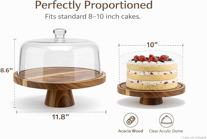 2026 Upgraded Cake Stand with Lid, 11.8 Inch Rotating Dessert Display Stand, Clear Acrylic Dome and Wooden Base, Cake Holder Serving Platter for Kitchen, Party, Wedding