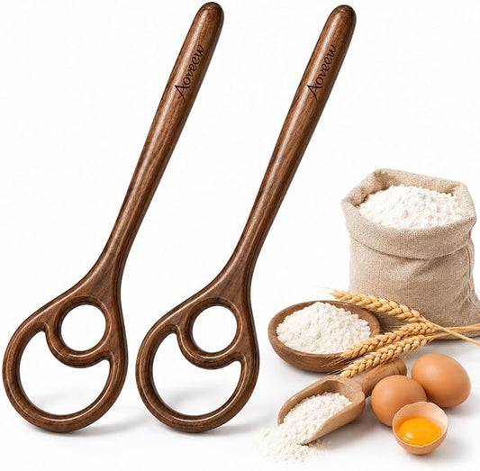 Wooden Danish Dough Whisk Set, 2 Pack Walnut Wood Dough Whisk for Sourdough Bread Baking, Bread Mixer for Pizza Dough, Batter, Pastry & Homemade Bread