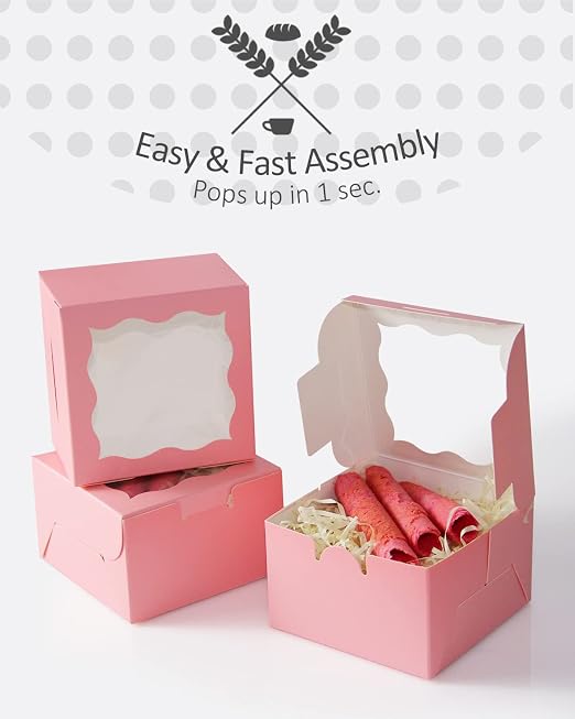 qiqee Pink Bakery Boxes with Window 100pcs 4x4x2.5 Mini Cookie Boxes Macaron Boxes Small Donut Pastry Boxes for Party
