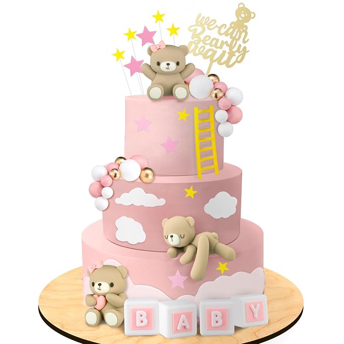 Yinder Bear Cake Toppers Mini Bear Cake Decorations Cake Toppers Gold White Pearl Ball for Birthday Party Decorations(Pink, Brown,Cute Style)