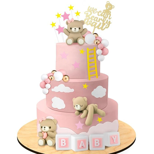 Yinder Bear Cake Toppers Mini Bear Cake Decorations Cake Toppers Gold White Pearl Ball for Birthday Party Decorations(Pink, Brown,Cute Style)