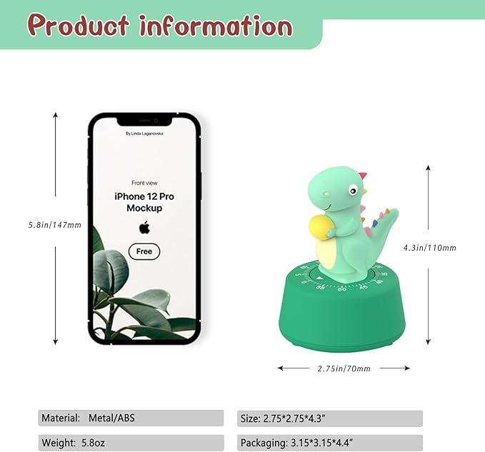 ELE DEPI 60 Minutes Mechanical Kitchen Timer,Cute Dinosaur Timer for Kids,Wind Up Egg Timer for Cooking,Reading,Classroom and Do Sports. (Light Green)