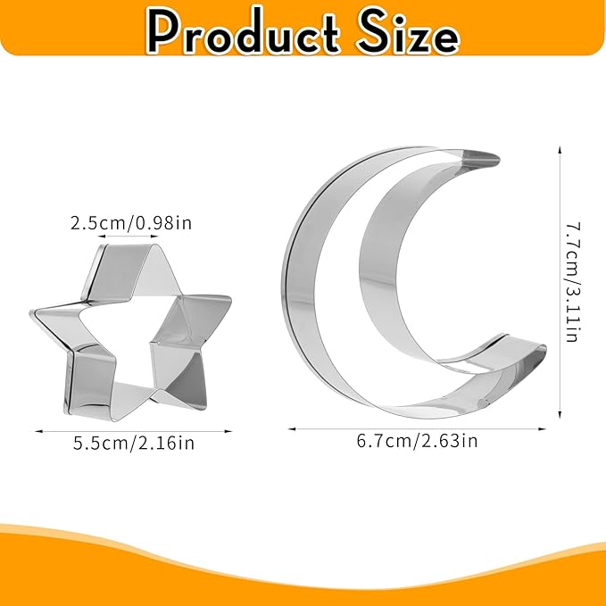Star Cookie Cutters Set, Stainless Steel Star and Moon Cookie Cutter Shapes, Large Moon Star Shaped Biscuit Molds, Metal Cookie Cutters for Baking Pastry Fondant Ramadan Holiday (2pcs)