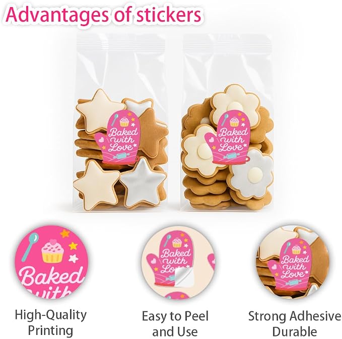 320 Pcs Baked with Love Stickers, Homemade Bakery Stickers Made with Love Sticker Self-Adhesive Gloves Labels for Packaging Bags Containers Businesses Gifts, 2 Inch