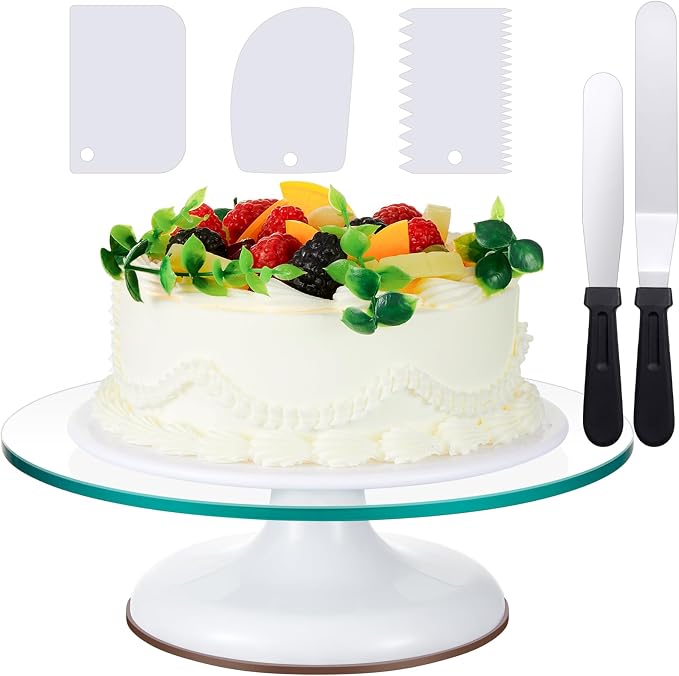 Willinglong 6 Pcs 12 Inch Cake Turntable Set Glass Rotating Cake Spinner Stand Decorating Supplies with 2 Aluminum Alloy Spatulas 3 Icing Smoother Scraper for Birthday Wedding Party Baking