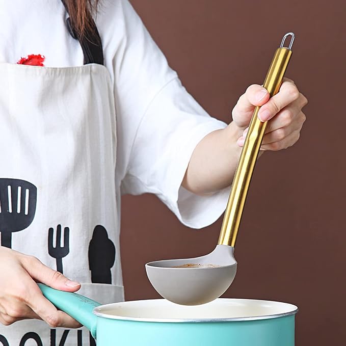 Gold Ladle, Berglander Non-stick Silicone Kitchen Ladle With Titainium Gold Plating handle, Soup Ladle, Cooking Ladle Soup Spoon For Cooking, Dishwasher Safe, Easy to Clean