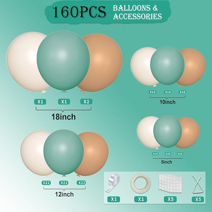 Green White Brown Balloon Garland Arch Kit, 160Pcs Sage Green White Sand Tan Brown Balloons for Birthday Bridal Baby Shower Gender Reveal Wedding Party Decorations