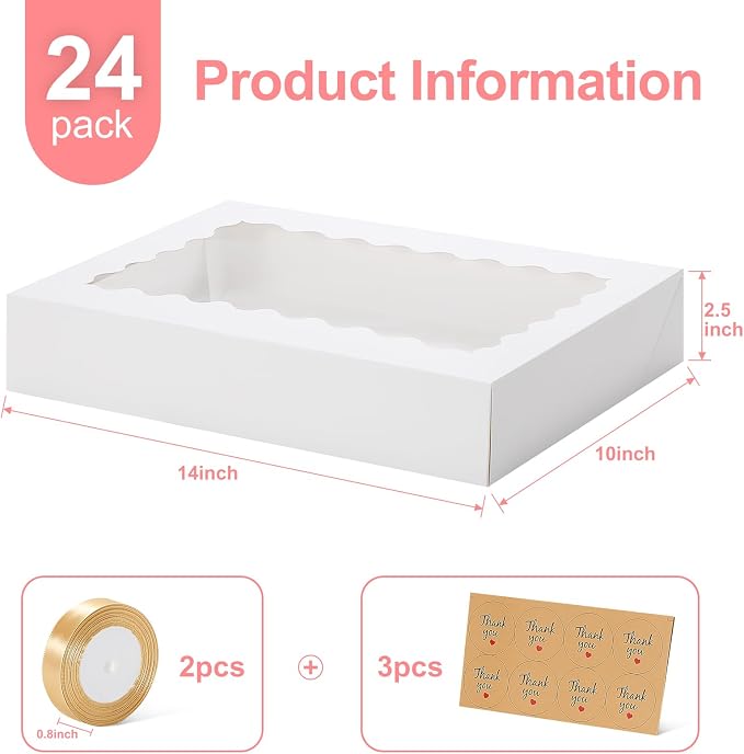 24 Pack Auto Pop-up Cookie Boxes with Window, 14x10x2.5 Inch White Bakery Boxes with Ribbon and Sticks for Treats, Chocolate Covered Strawberries, Cake Pops, Donuts, Pastries