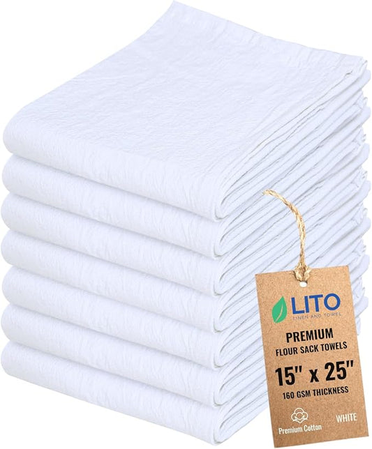 Flour Sack Towels | Tea Towel for Crafts| Kitchen Dish Cotton Blank Towel for Embroidery| Baking Bread Proofing Linen Cover| Thick Absorbent Quick Dry| 7 Pack 15"x 25" White