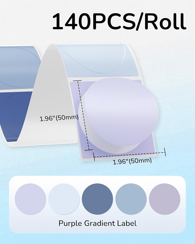 Phomemo Circle Labels- Purple Gradient 5 Colors Round Labels, 2 Inch Self-Adhesive Stickers for M110/M100/M220/M250 Label Printers, Thermal Paper for Baking, Candle, Logo, Small Business, 140pcs/Roll