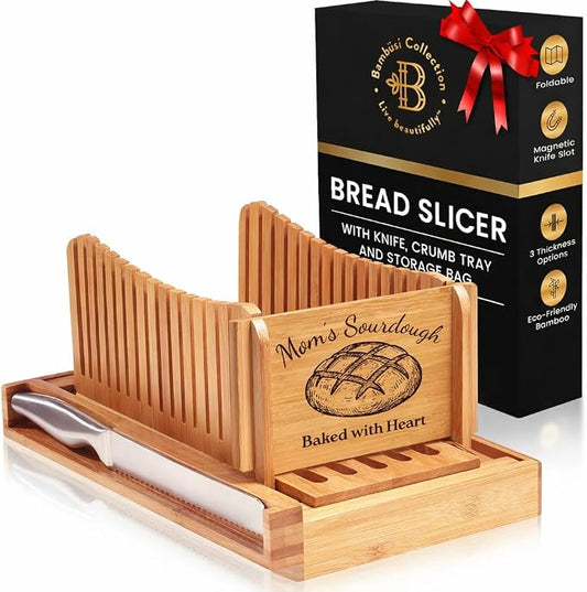 Personalized Bread Slicer with Bread Knife - Engraved Bamboo Bread Loaf Slicer for Homemade Sourdough, 3 Slice Thickness, Foldable Cutting Guide with Crumb Tray for Bagels & Cake, Customized Gifts