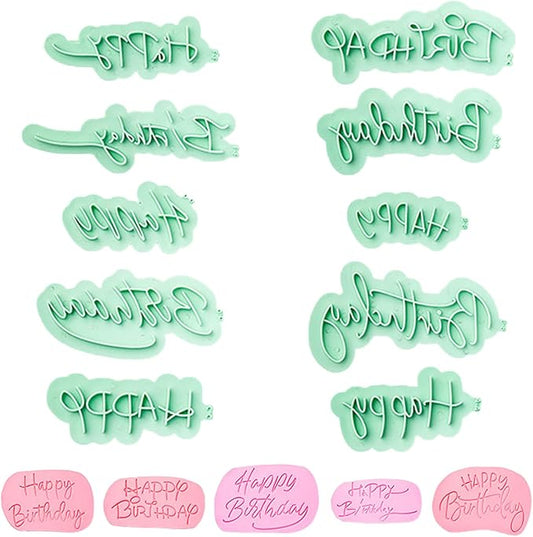 KALAIEN 10 Pcs Happy Birthday Fondant Stamp Letters,3D Design Custom Mould Cookie Cutter Sets for Cake Cookie Decorating Supplies//Sugar Paste/Cupcake/Chocolate