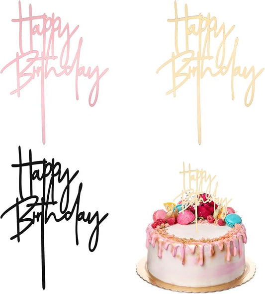 Ouligay 3 PCS Rose Black Gold Happy Birthday Cake Toppers Acrylic Cupcake Toppers Happy Birthday Cake Decorations Sign Cakes Supplies for Party Cupcake Pastries Dessert, Girls and Adults