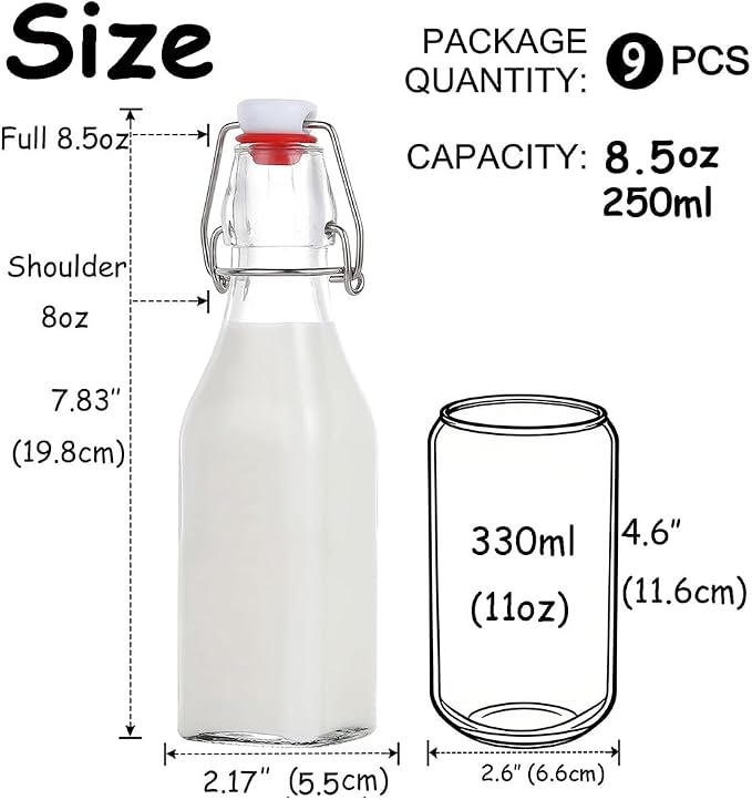 ZEBEIYU Swing Top Glass Bottles 8 oz with Airtight Lids for Home Brewing, Kombucha, Kefir, Vanilla Extract, Beer, Oil, Vinegar, Homemade Juices, Water,Soda Set of 9