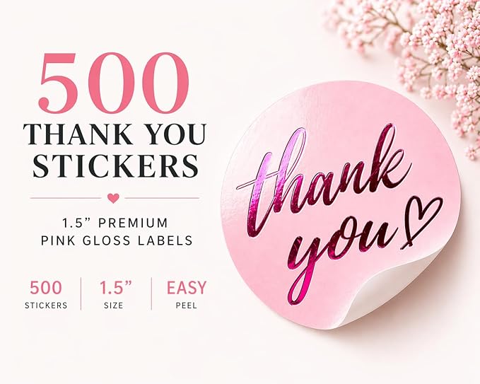 500 Pcs Thank You Stickers – 1.5” Pink Round Labels with Purple Hot Stamping Foil Script & Heart Design, Elegant Small Business Packaging Stickers for Bags, Boxes, Envelopes & Party Favors