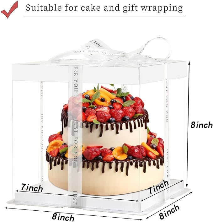 JCD 7" X 7" X 8" Ideal for 4" and 5" Inch two Layer Tiered Cakes Box,6 Pcs Transparent Cake Box with Ribbon for Pastries-Clear Boxes with Lid for Party and Display (White Lid, 7 * 7 * 8inch/6Pcs)