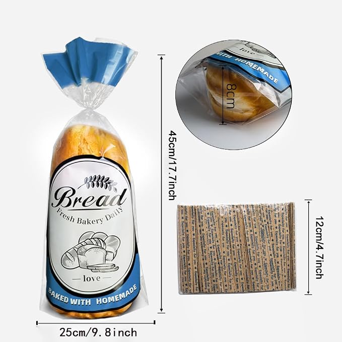 Plastic Bread Bags with Twist Ties, 100 Packs Clear Bread Bags for Homemade Mini Loaf/Donut/Muffin/Bagel - 18 * 9.8 * 3 inch (Blue)