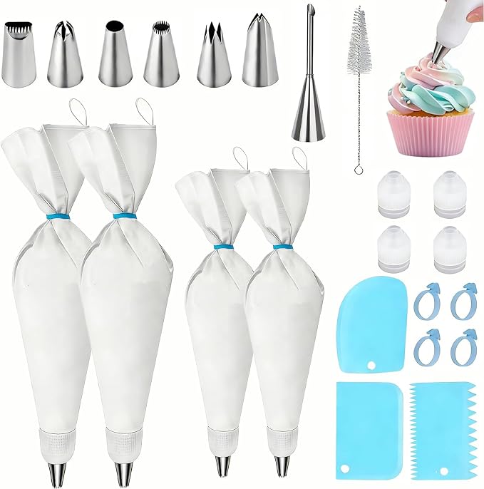 Reusable Piping Bags and Tips Set, 23Pcs Pastry Bag Kit | 4 Cotton Icing Bags, 6 Stainless Steel Tips, Couplers, Brush – Cake Decorating Supplies for Beginners, Cupcakes, Cookies