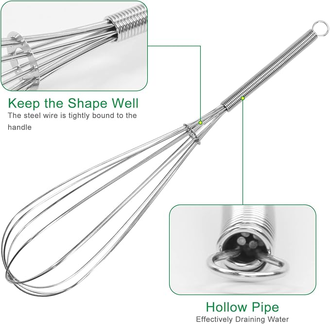 ForTomorrow Stainless Steel Whisk Set - 8"+10"+12" Thin Handle Wisk Balloon Wire Whisks Kitchen Tool for Cooking, Baking, Mixing Blending, Whisking, Beating, Stirring
