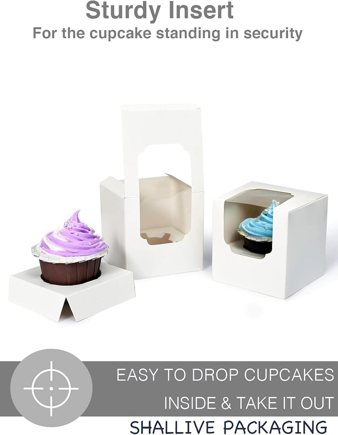 60 Pcs Cupcake Boxes Individual White with Insert, Auto Popup Single Cupcake Containers Hot Cocoa Bomb Boxes with Window forTreats Chocolate Strawberries Cookies Gifting
