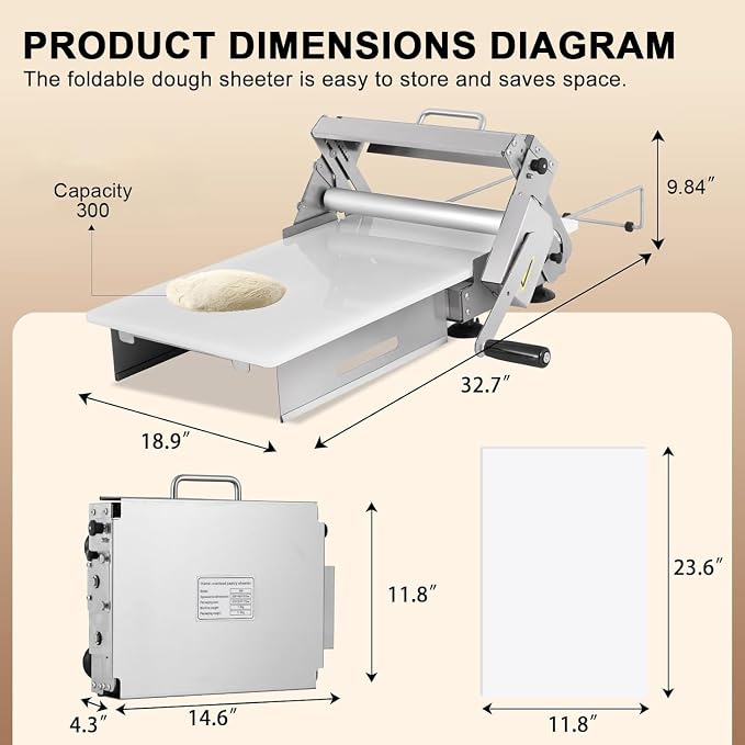40.9''x22.8 Folding Dough Sheeter, Manual Dough Roller Machine, Thicknesses from 0 to 25 mm, Stainless Steel Hand Crank Dough Roller for Croissants, Pizza Pasta Pastry Fondant Type300