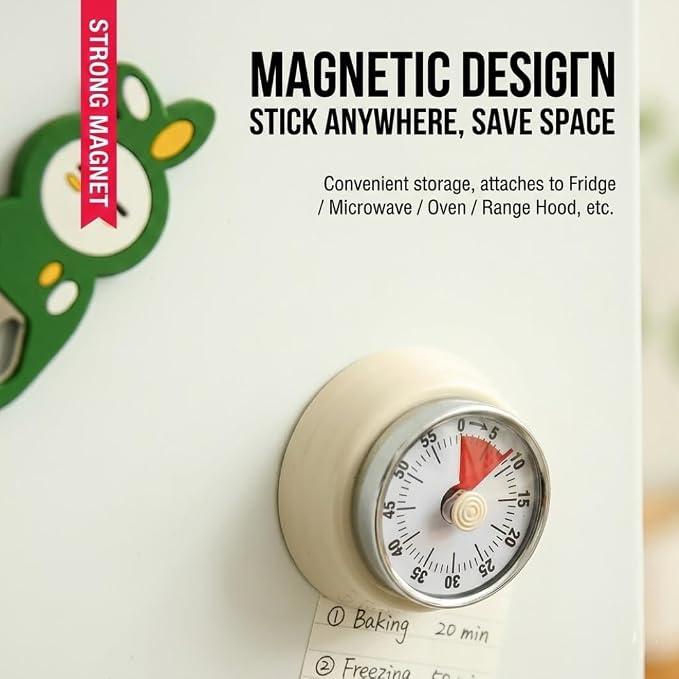 Magnetic Kitchen Timer with 4 Refrigerator Magnets Bundle, Stainless Steel Mechanical Wind Up 60-Minute Visual Countdown Alarm for Cooking, Baking, Study and Office (2.8 Inch)