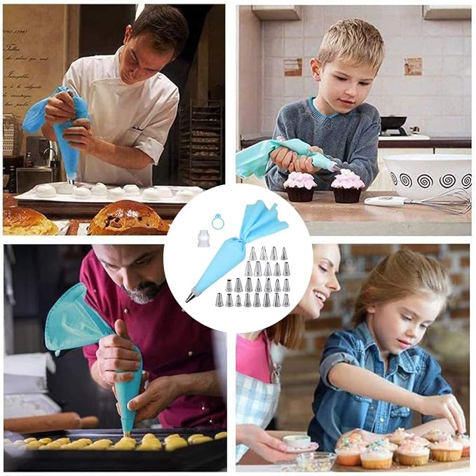 Piping Bags and Tips Set 27 Piece, 24 Stainless Steel Nozzles with Reusable TPU Piping Bag, Coupler and Silicone Tie, Bag 11.81 x 6.69 in, for Cupcakes Cookies and Filling