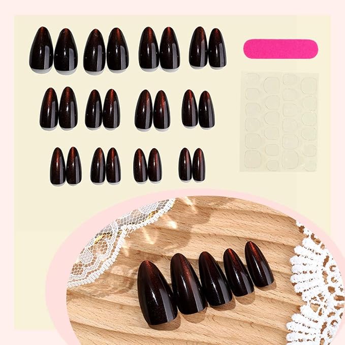 24Pcs French Press on Nails Short Almond ZWENJIE Cat Eye Fake Nails Press ons Nail Tips Stick on Nails Full Cover Acrylic Nails Kit False Nails with Pink Design Nail Art for Women Glitter Manicure