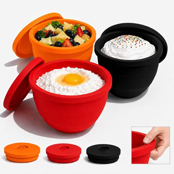 3 PCS Silicone Bowl Liners Compatible with KitchenAid 5Qt Tilt-Head Stand Mixer, Food Grade Collapsible Bowl Inserts with Airtight Lids, Foldable & Reusable Mixer Accessories for Baking