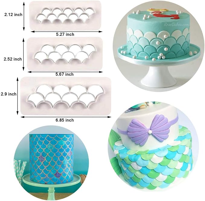 4Pcs/Set Mermaid Tail Silicone Fondant Mold & Scale Fondant Cutter, Fish Scales Pattern Geometric Embossing Biscuit Cookie Cutter DIY Mermaid Birthday Party Cake Decorating Supplies